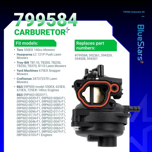 Miniatura 5 de BlueStars 799584 592361 Carburador - Compatible con motores de 140cc Husqvarna LC121P Troy-Bilt TB110 TB200 B110 cortacésped - Reemplaza 594058
