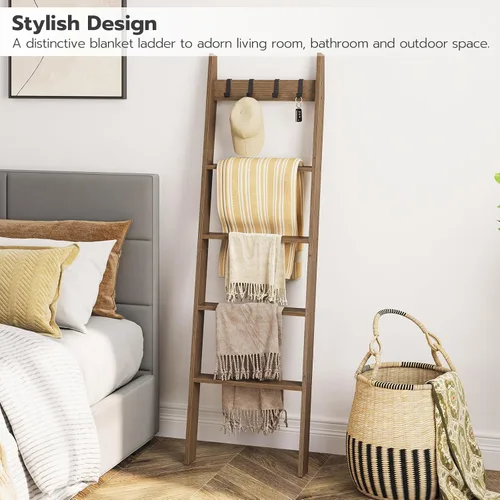 Miniatura 5 de HOOBRO Escalera para Mantas para Sala de Estar y Dormitorio, Estantería de Pared Inclinada de 5 Niveles para Toallas de Baño, Estantería