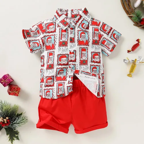 Miniatura 2 de JEELLIGULAR Conjunto de pantalones cortos y camisa con botones y estampado de Papá Noel para niños pequeños