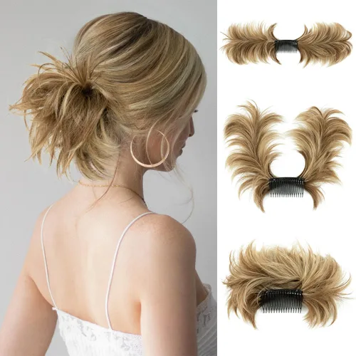 Miniatura 8 de Postizo de Cabello de Moño Despeinado con Peine Lateral Clip en Postizo de Moño para Mujeres Corto Natural Liso Versátil Estilos Ajustables Piezas