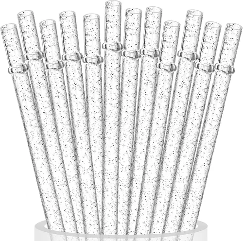 ALINK Paquete de 12 popotes reutilizables con purpurina, popotes de plástico duro transparente de 11 pulgadas de largo, popotes de repuesto para