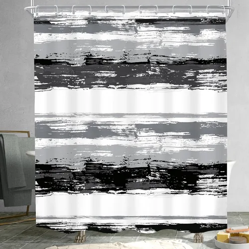 Miniatura 3 de KOMLLEX Cortina de ducha abstracta en blanco y negro para decoración de baño, 60 pulgadas de ancho x 72 pulgadas de alto, moderna a rayas grises