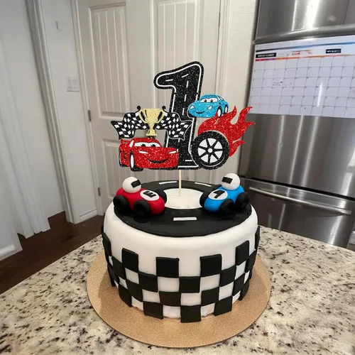 Miniatura 5 de Ephlyn 1 pieza de decoración para tarta de primer cumpleaños de coche de carreras con purpurina, decoración de tarta 1er cumpleaños para bandera a