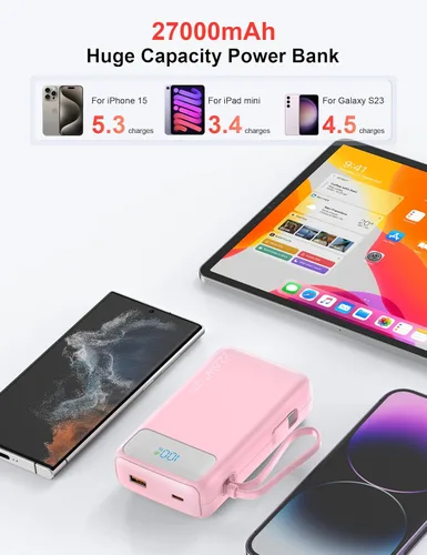 Miniatura 2 de Cargador portátil, 27000 mAh 22.5 W, cargador de batería de carga rápida con cable integrado, batería USB C con pantalla LED y luz flash, cargador