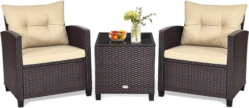 Miniatura 22 de HAPPYGRILL Juego de conversación para patio de 3 piezas, juego de muebles de exterior de sofá de ratán PE con cojines removibles, sillas de mimbre