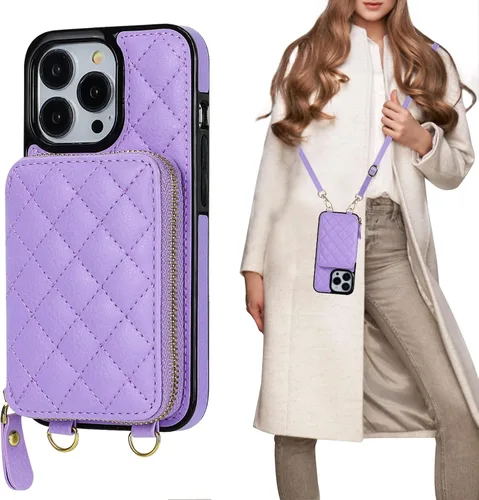 Miniatura 12 de Bocasal Funda tipo cartera cruzada para iPhone 13 Pro, con bloqueo RFID, de piel sintética, con cremallera, funda tipo cartera con función atril