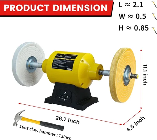 Miniatura 5 de Pulidora de banco de 10 pulgadas, máquina pulidora eléctrica de doble velocidad 1750/3450 RPM con base de hierro fundido resistente para joyería
