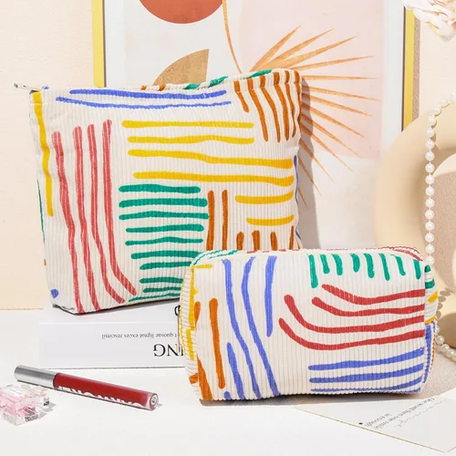 Miniatura 2 de SOIDRAM 2 Piezas de Bolsa de Maquillaje a Rayas Grande, Bolsa de Cosméticos de Cordura de Gran Capacidad, Bolsa de Lona Mixta de Artículos de Rayas