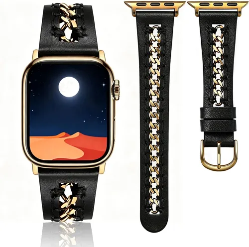 HANDODO Correa de piel auténtica italiana con detalles de cadena dorada, compatible con Apple Watch Series 10 9 8 7 6 5 4 3 2 1 SE SE2 Ultra, correa