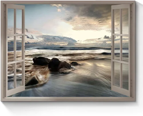 Miniatura 12 de Arte de pared con ventana abierta del océano: puesta de sol, escena de playa costera, pintada sobre lienzo, paisaje marino azul, veleros náuticos