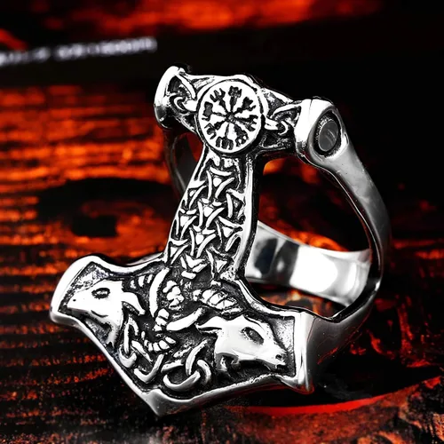 Miniatura 3 de BAVIPOWER Viking Thor Hammer Mjolnir Potente protección Talismán Amuleto Vintage Anillo de acero inoxidable