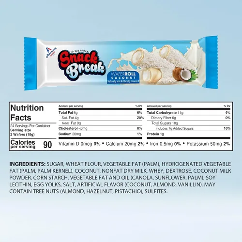 Miniatura 2 de Snack Break Snacks de oblea enrollada de coco con relleno cremoso de coco, bocadillos de oblea envueltos individualmente, (paquete de 24)