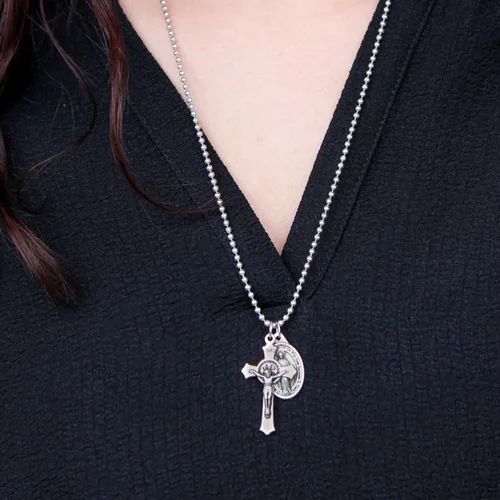 Miniatura 7 de Caritas et Fides Collar católico con crucifijo de San Benito y medalla milagrosa, hipoalergénico en cadena de bola de 24 pulgadas, collar católico