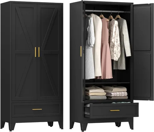 YAUWOH Armario de Ropa de Estilo Granja con Cajones, Armario de Metal con Barra Colgante, Armario Metálico con Estantes Ajustables para Dormitorio,