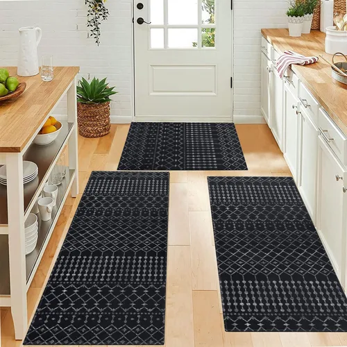Miniatura 4 de Juego de 3 alfombras de cocina estilo bohemio, marroquí, modernas, para piso, patrón geométrico, antideslizantes, lavables, para decoración