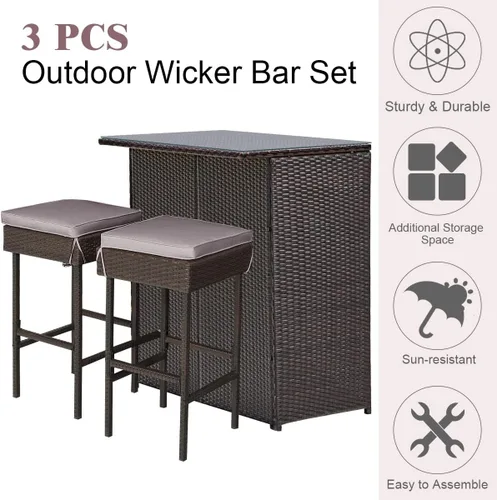 Miniatura 8 de Tangkula - Juego de barra para patio, 3 piezas de mimbre para exteriores, con 2 taburetes con cojines y mesa con cubierta de cristal, color gris