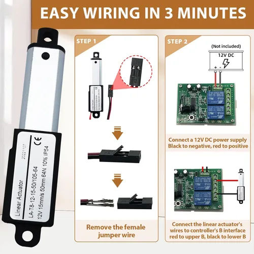 Miniatura 5 de Actuador micro lineal eléctrico de 12 V - carrera de 1.2 pulgadas, 64N/14.4 libras, velocidad de 0.6 pulgadas/s, mini actuador de movimiento