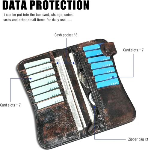 Miniatura 5 de Handadsume Genuino caballo loco cuero viaje regalo moneda bolsillo tarjeta caso largo organizador cadena Rfid monedero con broche para hombres