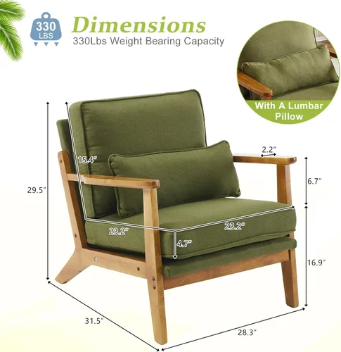 Miniatura 2 de VINGLI Silla de Acento de Madera Maciza con Reposabrazos Anchos, Silla Moderna Tapizada de Mediados de Siglo con Almohada, Cómoda Silla de Lectura