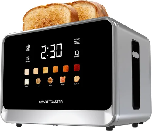 Tostadora con Pantalla Táctil de 2 Rebanadas con Pantalla LCD, Temporizador Digital de Acero Inoxidable, 6 Tipos de Pan y 6 Configuraciones de