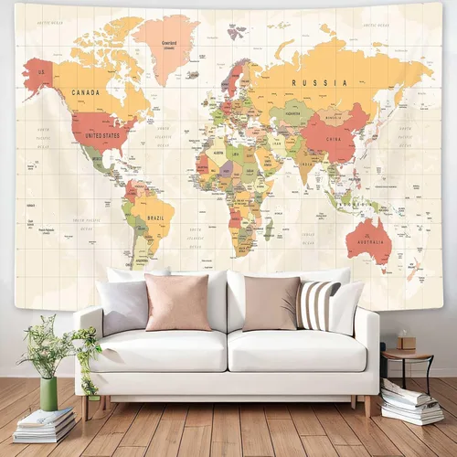 Miniatura 2 de ICTEISOM Tapiz de mapa del mundo para niños estudiantes, mapa del mundo con países y ciudades principales, tapiz de arte de pared póster tapices