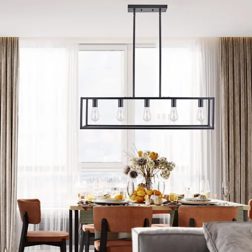 Miniatura 4 de Lámparas de Cocina para Comedor, Candelabros Rectangulares de Estilo Granja para Comedores, Lámpara Colgante Industrial de 5 Luces en Negro Mate