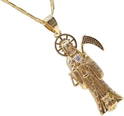 Miniatura 3 de Collar con colgante de la Santa Muerte chapado en oro de 14 quilates, eslabones cubanos de 22 pulgadas de largo, 1.378 x 0.787 in oro laminado