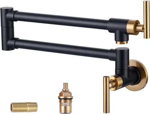 WOWOW Grifo Llenador de Ollas Negro Dorado, Grifo Llenador de Ollas de Latón Macizo Montaje en Pared para Estufa de Cocina con Brazos Giratorios de