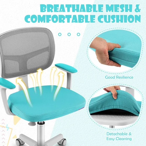 Miniatura 6 de GLACER Silla de escritorio para niños, silla de estudio giratoria de malla ajustable con ruedas, brazos, silla ergonómica para computadora con Verde