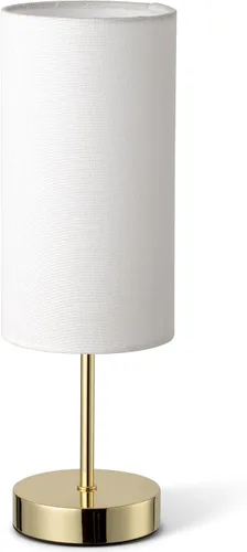Lámpara de mesa pequeña para dormitorio, pantalla redonda de tela blanca y base de metal dorado, lámparas de noche modernas y minimalistas para