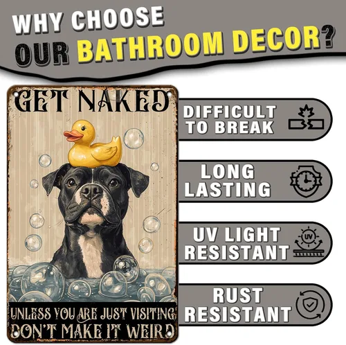 Miniatura 3 de PEACHGARDEN Cartel de Metal Gracioso para Baño Pitbull Letrero de "Póngase Desnudo" Arte de Perro para Pared Decoración de Baño Letrero para Inodoro