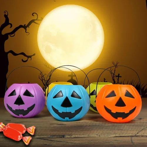 Miniatura 7 de Cubo de calabaza de Halloween con asa, soporte pequeño de plástico para dulces de calabaza para decoración y embalaje de fiesta de truco o trato