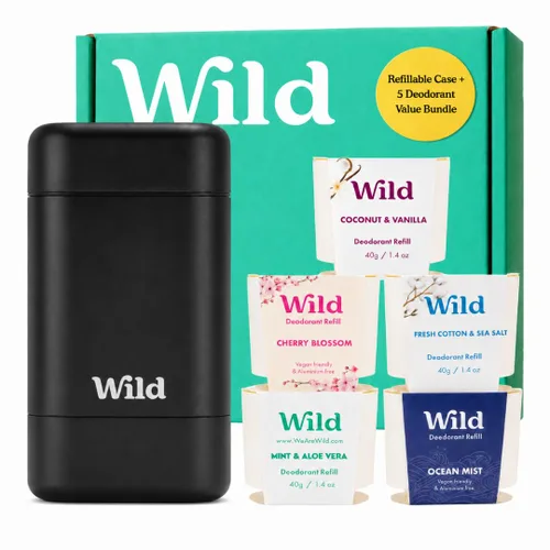 Wild - El Kit Inicial Completo - Estuche Negro con Recargas en una Variedad de Aromas Frescos 5 x 40ml - Desodorante Recargable y Sin Aluminio -