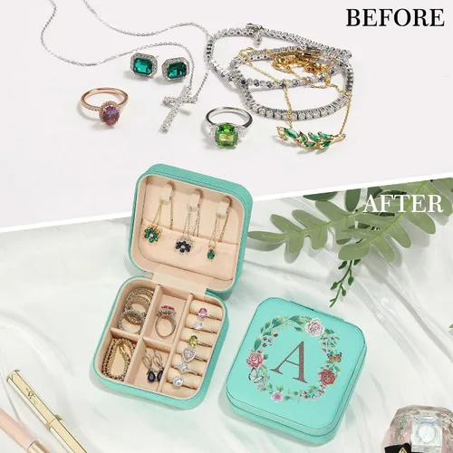 Miniatura 5 de Parima Joyero de viaje Organizador de joyas con iniciales pequeñas Joyero de viaje azul para mujeres y niñas Organizador de aretes Idea