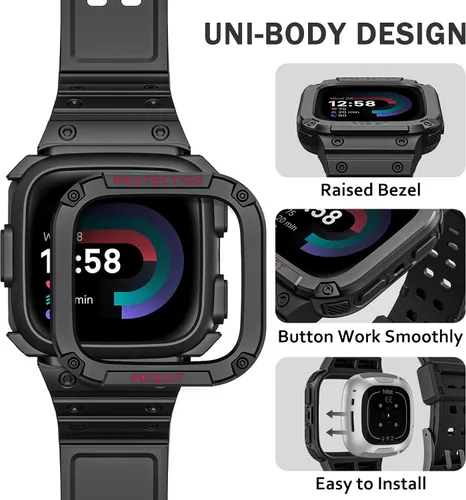 Miniatura 3 de Bandas Fintie con Estuche Compatible con Fitbit Versa 4/3/2/1/Versa Lite/Fitbit Sense 2/Sense, Estuche Protector con Correa Banda Deportiva Negro