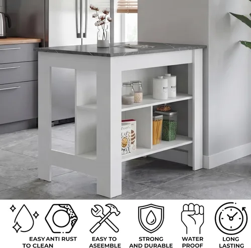 Miniatura 5 de Tuhome Cala Isla de cocina con mesa antimicrobiana, tres estantes abiertos, superficie de visualización superior y estación de trabajo de asiento