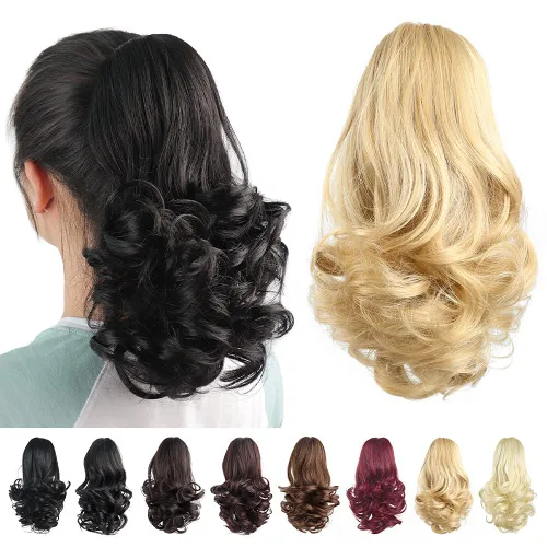 Miniatura 6 de Extensiones de cola de caballo, extensiones de cabello rizado con clip de garra de color marrón oscuro para mujer, peluca sintética de cola