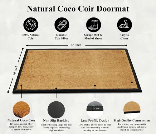 Miniatura 16 de A1HC Tapete para Puerta de Fibra de Coco Natural y Caucho, 30"x48" – Grueso, Duradero, Resistente, Anti-Desprendimiento, Resistente a