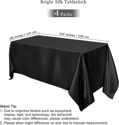 Miniatura 2 de TURSTIN Paquete de 4 manteles de satén negro de 102 x 58 pulgadas, mantel rectangular de seda brillante, tela suave, decoración de mesa para bodas
