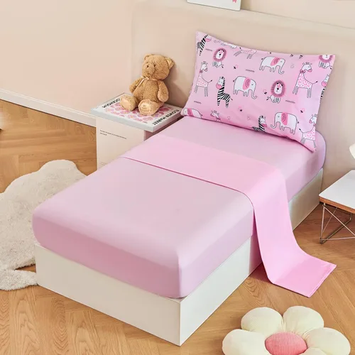 Miniatura 5 de URBONUR Juego de ropa de cama de 4 piezas para niños pequeños - Juego de edredón ultra suave con dibujos animados de animales del zoológico rosa