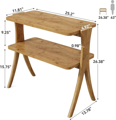 Miniatura 2 de LITTLE TREE Mesa auxiliar estrecha, mesa de centro de 2 niveles estilo granja con patas de madera maciza, mesa auxiliar pequeña, ahorradora