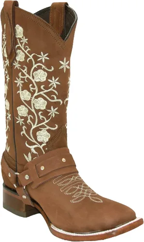 The Western Shops Arnés bordado floral para mujer, punta cuadrada, color marrón, vaquera