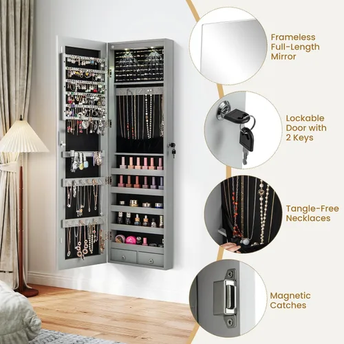 Miniatura 78 de Giantex Armario de joyería para puerta de pared con espejo de longitud completa, 2 LED con cerradura grande organizador de joyas con espejo ancho