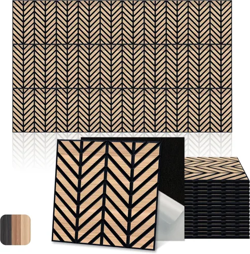 Miniatura 10 de Mollywell Paneles acústicos, decoración de grano de madera de PVC, azulejos de pared con patrón tallado de 12 x 12 pulgadas, autoadhesivos