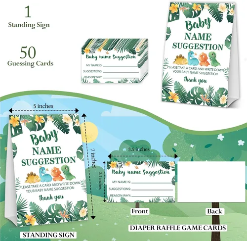 Miniatura 2 de DETIHO Tarjetas de juego de dinosaurio para baby shower, 1 letrero de sugerencia de nombre de bebé con 50 tarjetas de relleno, juego de fiesta
