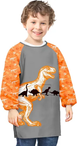 Miniatura 8 de PASHOP Bata de arte para niños, de unicornio, impermeable, para niñas, niños, manga larga, hasta la rodilla, con bolsillo (dinosaurio azul, 3-7 años)