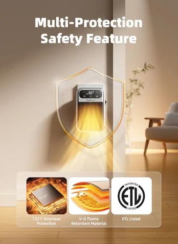 Miniatura 6 de Brightown Calentador enchufable de 800 W con control remoto, calentador de espacio de salida con pantalla LED táctil, pequeños calentadores de pared
