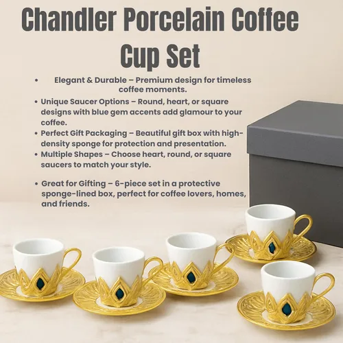 Miniatura 11 de Chandler Juego de tazas de café de porcelana blanca con acento acrílico dorado y gema azul, 6 tazas y 6 platillos, caja de regalo incluida (redonda)