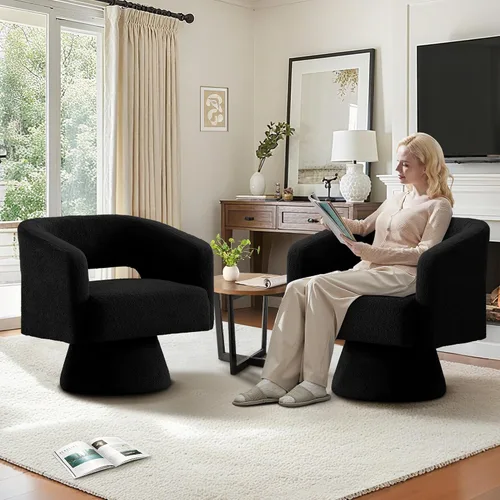 Miniatura 20 de ClinQ Silla giratoria de barril acento, juego de sillas redondas tapizadas de teddy extragrandes, silla de tocador moderna de lujo de 360°