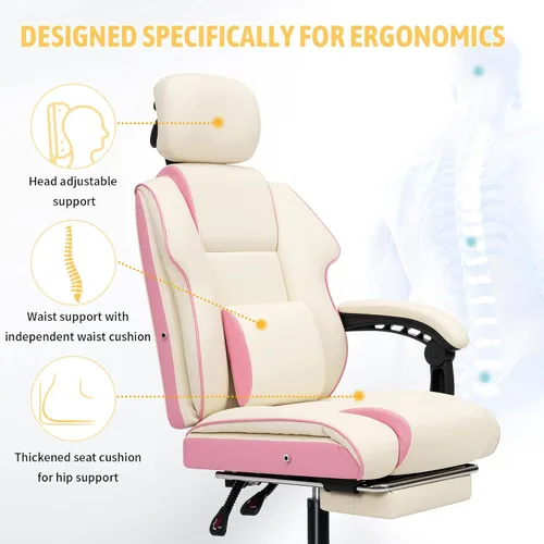 Miniatura 6 de HOFFREE Silla de escritorio para computadora para niñas y adolescentes, silla de oficina ergonómica con reposapiés, reposabrazos de enlace